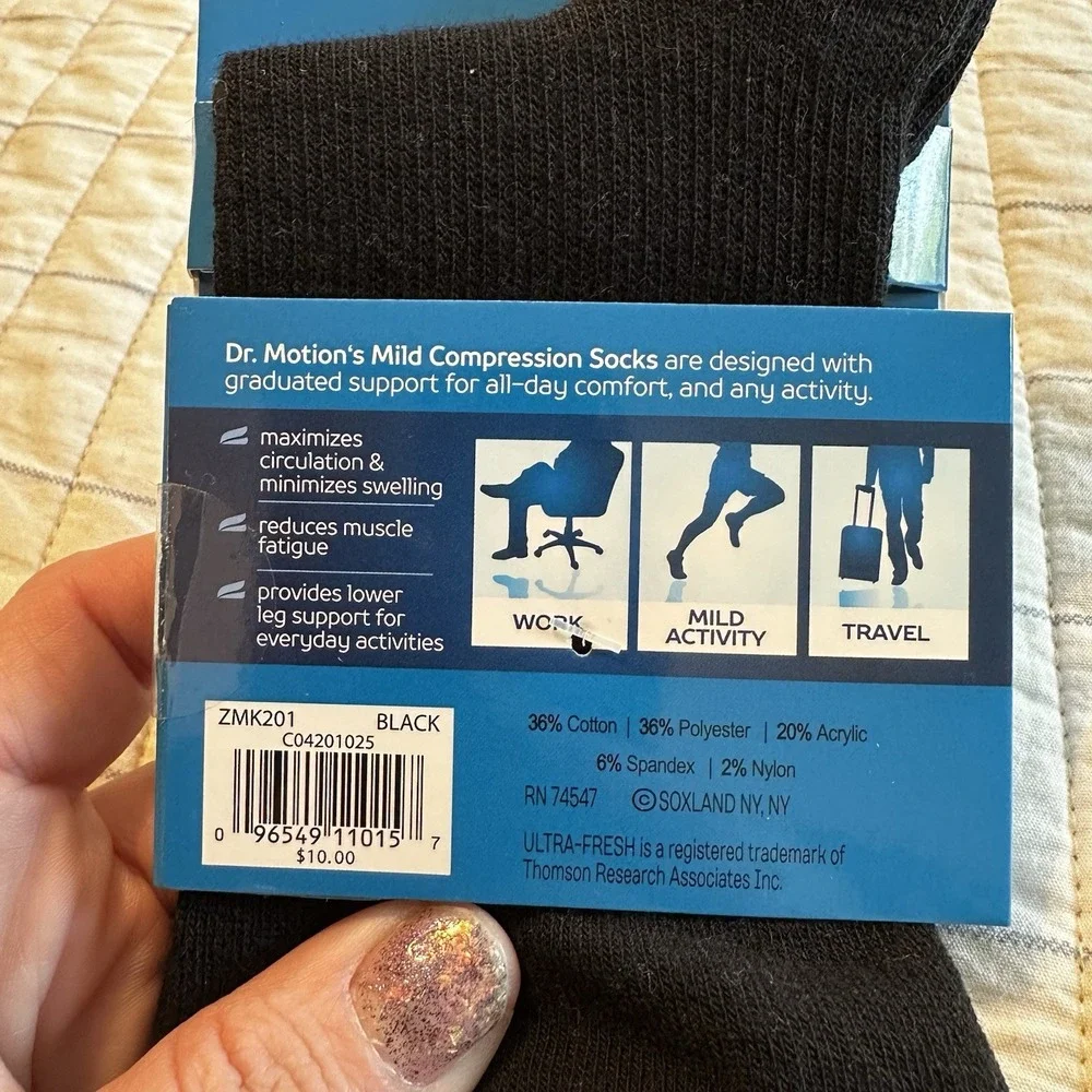 Compression Socks By Dr. Motion, Men's Sock Size 10-13,Shoe 7-12, Black, New‎